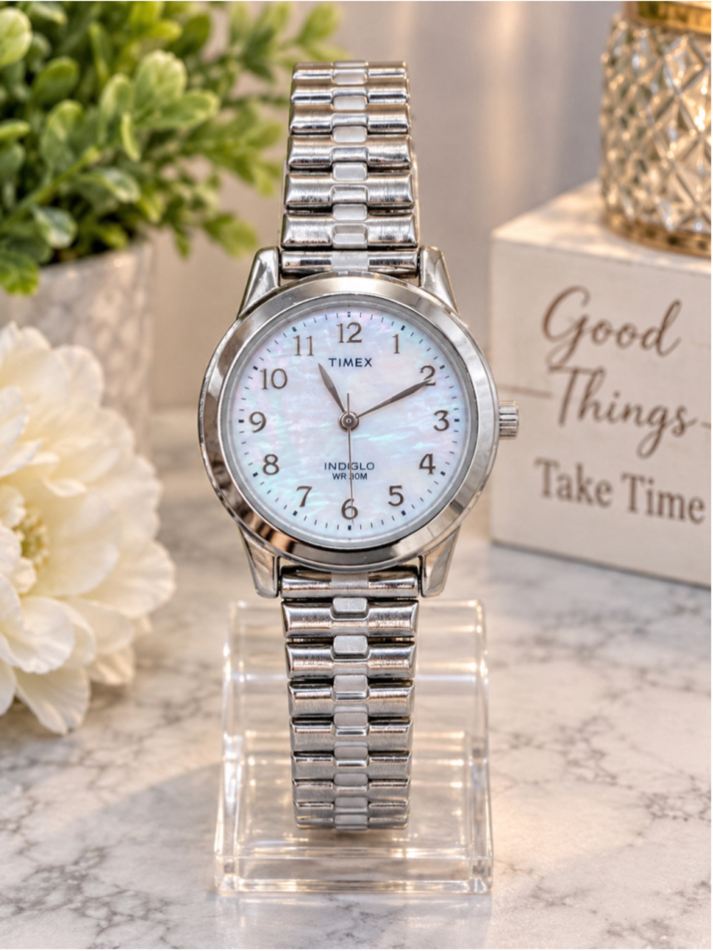 Timex Indiglo Women's Silver Mother of Pearl Dial Expansion Band Watch